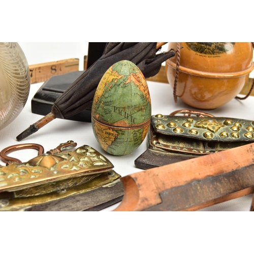 220 - A BOX OF 19TH AND 20TH CENTURY TREEN, METALWARES AND GLASS, including a wooden shaped egg with paper... 