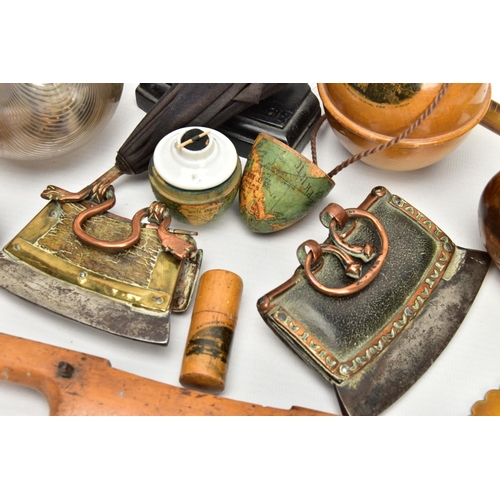 220 - A BOX OF 19TH AND 20TH CENTURY TREEN, METALWARES AND GLASS, including a wooden shaped egg with paper... 