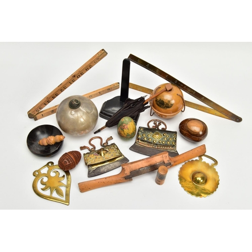 220 - A BOX OF 19TH AND 20TH CENTURY TREEN, METALWARES AND GLASS, including a wooden shaped egg with paper... 