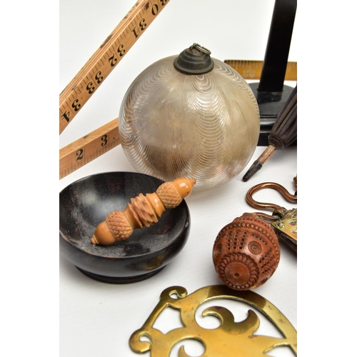 220 - A BOX OF 19TH AND 20TH CENTURY TREEN, METALWARES AND GLASS, including a wooden shaped egg with paper... 