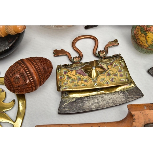 220 - A BOX OF 19TH AND 20TH CENTURY TREEN, METALWARES AND GLASS, including a wooden shaped egg with paper... 