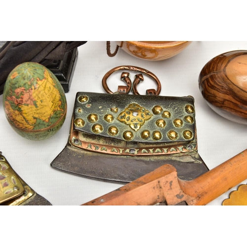 220 - A BOX OF 19TH AND 20TH CENTURY TREEN, METALWARES AND GLASS, including a wooden shaped egg with paper... 