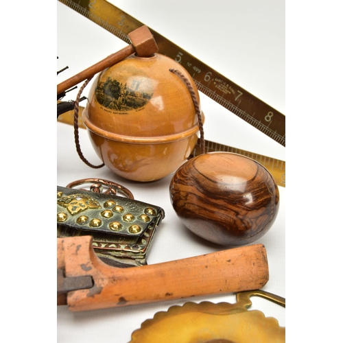 220 - A BOX OF 19TH AND 20TH CENTURY TREEN, METALWARES AND GLASS, including a wooden shaped egg with paper... 