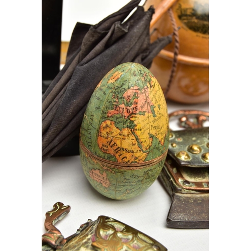 220 - A BOX OF 19TH AND 20TH CENTURY TREEN, METALWARES AND GLASS, including a wooden shaped egg with paper... 