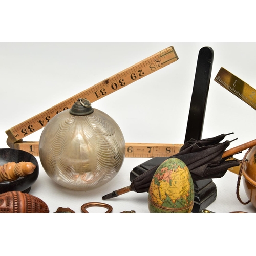 220 - A BOX OF 19TH AND 20TH CENTURY TREEN, METALWARES AND GLASS, including a wooden shaped egg with paper... 