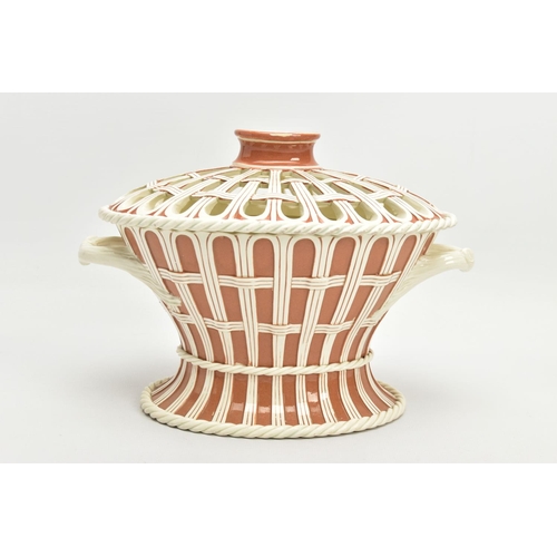 221 - A LATE 18TH CENTURY WEDGWOOD CREAMWARE FLOWER BASKET AND COVER OF OVAL FORM, the pierced wicker styl... 