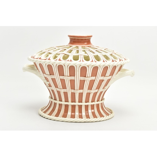 221 - A LATE 18TH CENTURY WEDGWOOD CREAMWARE FLOWER BASKET AND COVER OF OVAL FORM, the pierced wicker styl... 