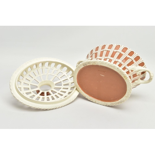 221 - A LATE 18TH CENTURY WEDGWOOD CREAMWARE FLOWER BASKET AND COVER OF OVAL FORM, the pierced wicker styl... 