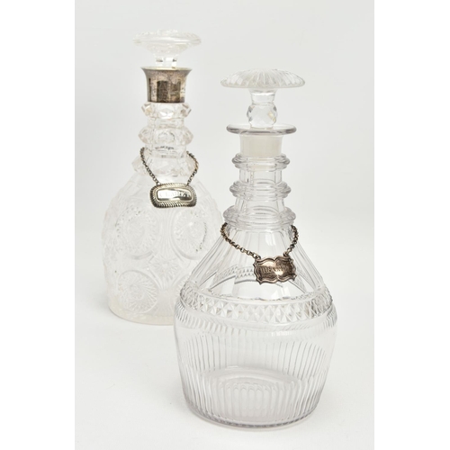 222 - AN EARLY 19TH CENTURY PRUSSIAN SHAPED GLASS  DECANTER AND A GEORGE V GLASS DECANTER, the early 19th ... 