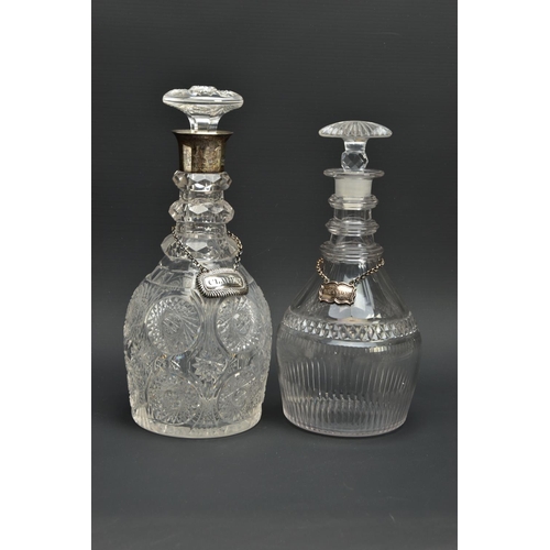 222 - AN EARLY 19TH CENTURY PRUSSIAN SHAPED GLASS  DECANTER AND A GEORGE V GLASS DECANTER, the early 19th ... 