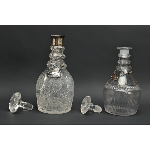 222 - AN EARLY 19TH CENTURY PRUSSIAN SHAPED GLASS  DECANTER AND A GEORGE V GLASS DECANTER, the early 19th ... 