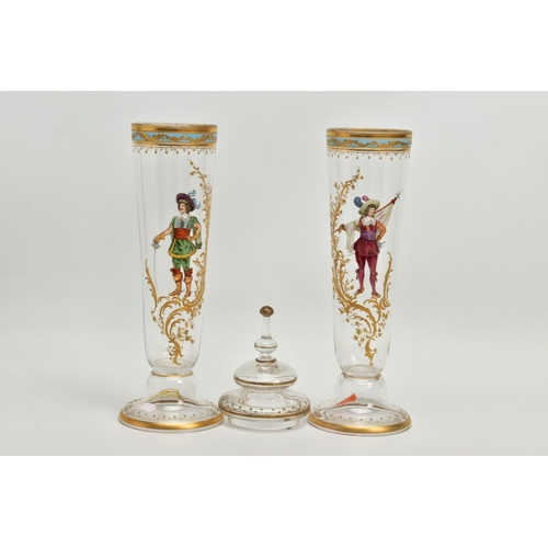 225 - A PAIR OF LATE 19TH CENTURY CONTINENTAL GLASS JARS OF CONICAL FORM, ONE WITH A COVER, the domed cove... 