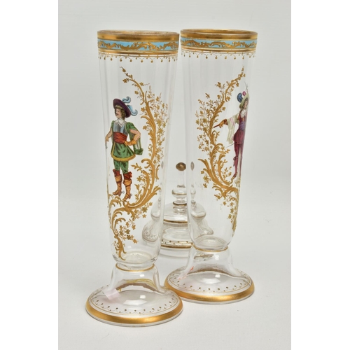 225 - A PAIR OF LATE 19TH CENTURY CONTINENTAL GLASS JARS OF CONICAL FORM, ONE WITH A COVER, the domed cove... 