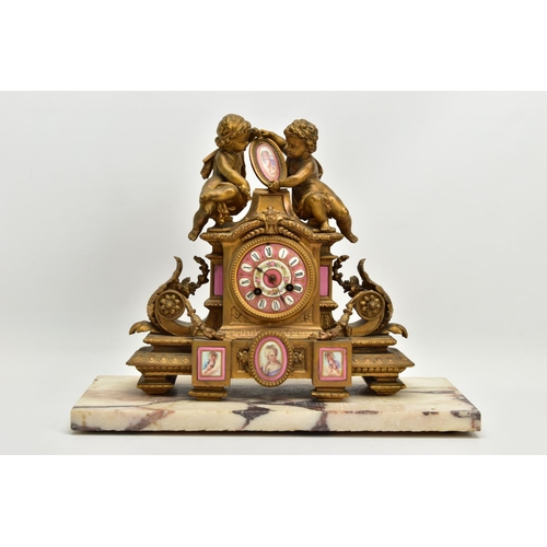 227 - A MID 19TH CENTURY FRENCH GILT METAL AND PORCELAIN MOUNTED FIGURAL MANTEL CLOCK, the case surmounted... 