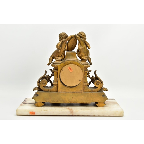 227 - A MID 19TH CENTURY FRENCH GILT METAL AND PORCELAIN MOUNTED FIGURAL MANTEL CLOCK, the case surmounted... 