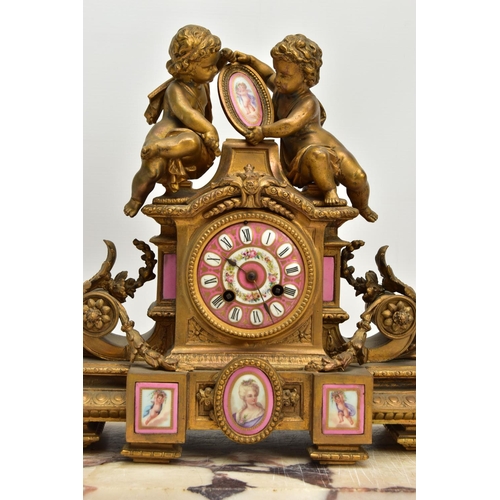 227 - A MID 19TH CENTURY FRENCH GILT METAL AND PORCELAIN MOUNTED FIGURAL MANTEL CLOCK, the case surmounted... 