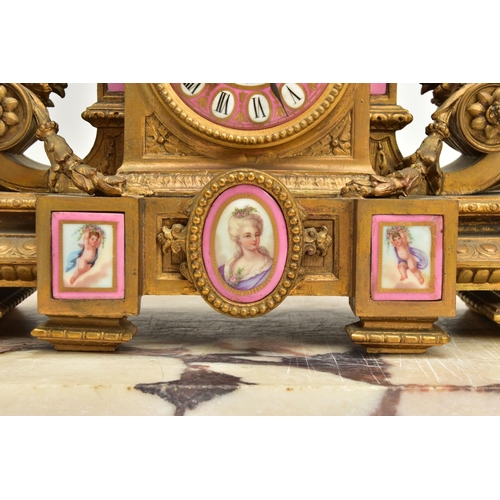 227 - A MID 19TH CENTURY FRENCH GILT METAL AND PORCELAIN MOUNTED FIGURAL MANTEL CLOCK, the case surmounted... 