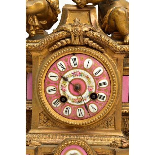 227 - A MID 19TH CENTURY FRENCH GILT METAL AND PORCELAIN MOUNTED FIGURAL MANTEL CLOCK, the case surmounted... 