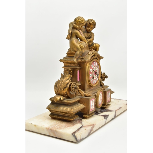 227 - A MID 19TH CENTURY FRENCH GILT METAL AND PORCELAIN MOUNTED FIGURAL MANTEL CLOCK, the case surmounted... 