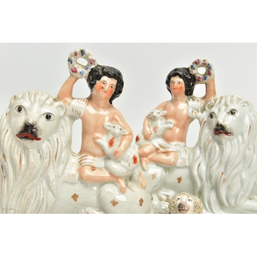 230 - A PAIR OF VICTORIAN STAFFORDSHIRE POTTERY FIGURE GROUPS, modelled as a naked boy holding a garland a... 