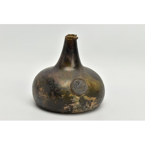 231 - A QUEEN ANNE PERIOD SEALED AND DATED ONION OLIVE GREEN GLASS WINE BOTTLE, damaged rim and neck, the ... 