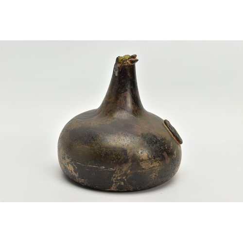 231 - A QUEEN ANNE PERIOD SEALED AND DATED ONION OLIVE GREEN GLASS WINE BOTTLE, damaged rim and neck, the ... 