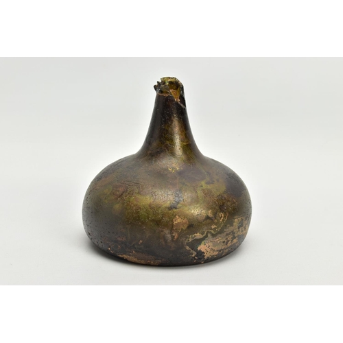 231 - A QUEEN ANNE PERIOD SEALED AND DATED ONION OLIVE GREEN GLASS WINE BOTTLE, damaged rim and neck, the ... 