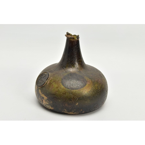 231 - A QUEEN ANNE PERIOD SEALED AND DATED ONION OLIVE GREEN GLASS WINE BOTTLE, damaged rim and neck, the ... 