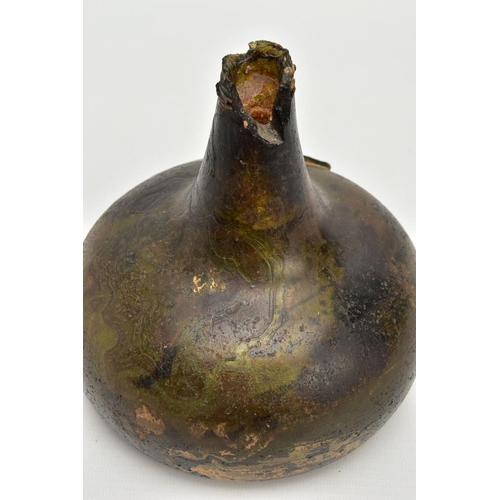 231 - A QUEEN ANNE PERIOD SEALED AND DATED ONION OLIVE GREEN GLASS WINE BOTTLE, damaged rim and neck, the ... 