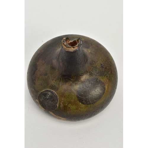 231 - A QUEEN ANNE PERIOD SEALED AND DATED ONION OLIVE GREEN GLASS WINE BOTTLE, damaged rim and neck, the ... 