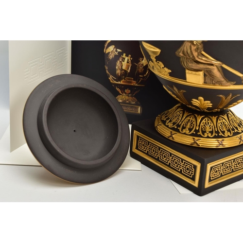 232 - A BOXED WEDGWOOD MASTERPIECE COLLECTION LIMITED EDITION BLACK BASALT AND GILT PEGASUS VASE AND COVER... 