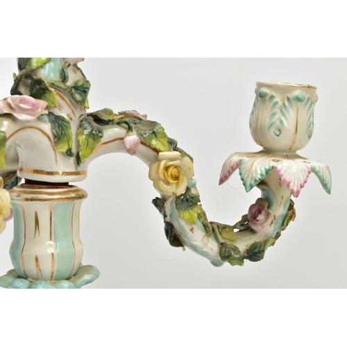 235 - A PAIR OF LATE 19TH / EARLY 20TH CENTURY PLAUE PORCELAIN FLORALLY ENCRUSTED FIGURAL CANDELABRA, each... 