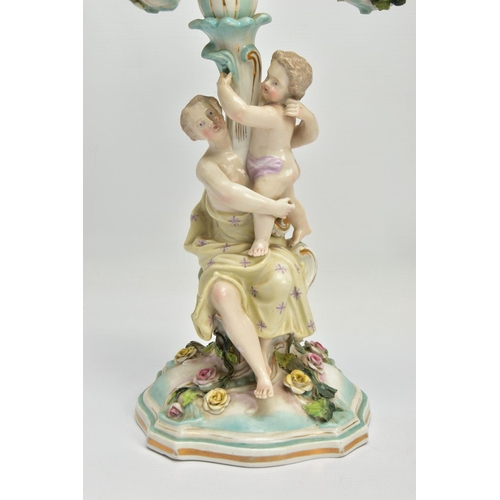 235 - A PAIR OF LATE 19TH / EARLY 20TH CENTURY PLAUE PORCELAIN FLORALLY ENCRUSTED FIGURAL CANDELABRA, each... 