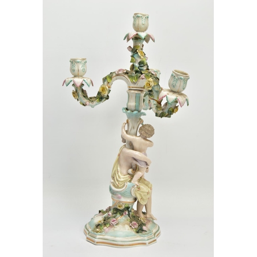 235 - A PAIR OF LATE 19TH / EARLY 20TH CENTURY PLAUE PORCELAIN FLORALLY ENCRUSTED FIGURAL CANDELABRA, each... 