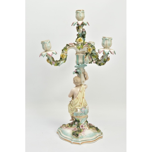 235 - A PAIR OF LATE 19TH / EARLY 20TH CENTURY PLAUE PORCELAIN FLORALLY ENCRUSTED FIGURAL CANDELABRA, each... 