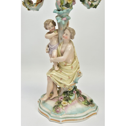 235 - A PAIR OF LATE 19TH / EARLY 20TH CENTURY PLAUE PORCELAIN FLORALLY ENCRUSTED FIGURAL CANDELABRA, each... 