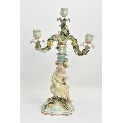 235 - A PAIR OF LATE 19TH / EARLY 20TH CENTURY PLAUE PORCELAIN FLORALLY ENCRUSTED FIGURAL CANDELABRA, each... 