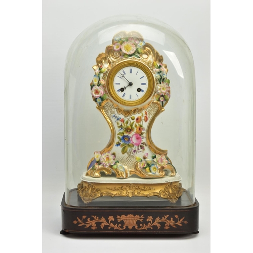 237 - A LATE 19TH CENTURY FRENCH PORCELAIN CASED MANTEL CLOCK OF ROCOCO STYLE, enamel dial with blue Roman... 