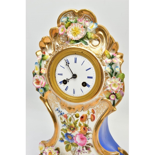 237 - A LATE 19TH CENTURY FRENCH PORCELAIN CASED MANTEL CLOCK OF ROCOCO STYLE, enamel dial with blue Roman... 