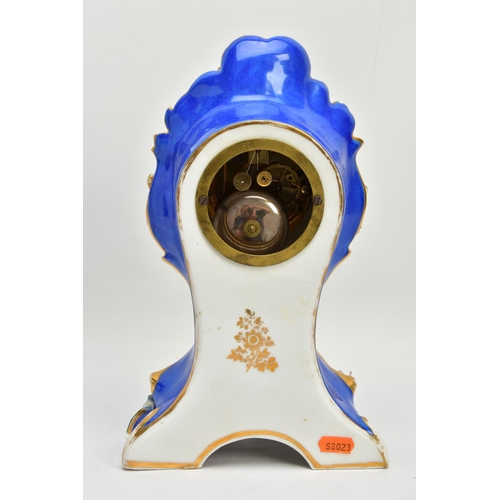 237 - A LATE 19TH CENTURY FRENCH PORCELAIN CASED MANTEL CLOCK OF ROCOCO STYLE, enamel dial with blue Roman... 