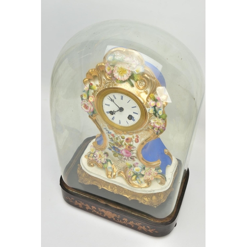 237 - A LATE 19TH CENTURY FRENCH PORCELAIN CASED MANTEL CLOCK OF ROCOCO STYLE, enamel dial with blue Roman... 