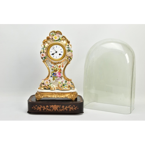 237 - A LATE 19TH CENTURY FRENCH PORCELAIN CASED MANTEL CLOCK OF ROCOCO STYLE, enamel dial with blue Roman... 