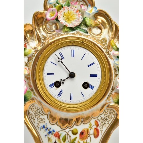 237 - A LATE 19TH CENTURY FRENCH PORCELAIN CASED MANTEL CLOCK OF ROCOCO STYLE, enamel dial with blue Roman... 