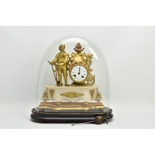 238 - A LATE 19TH CENTURY GILT METAL AND ALABASTER FIGURAL MANTEL CLOCK, the drum shaped clock surmounted ... 