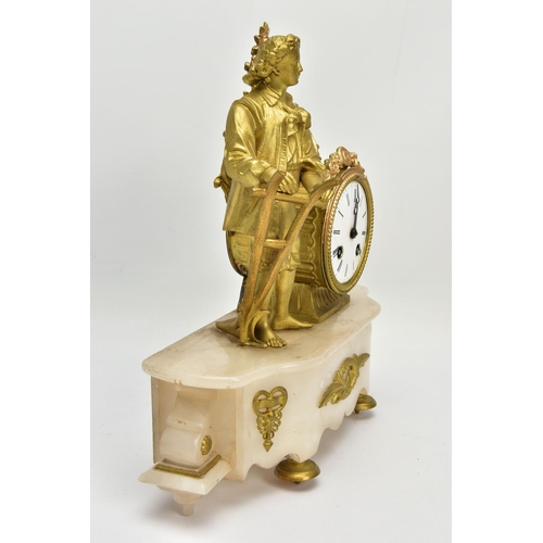 238 - A LATE 19TH CENTURY GILT METAL AND ALABASTER FIGURAL MANTEL CLOCK, the drum shaped clock surmounted ... 