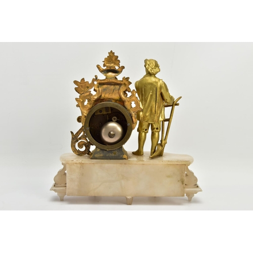 238 - A LATE 19TH CENTURY GILT METAL AND ALABASTER FIGURAL MANTEL CLOCK, the drum shaped clock surmounted ... 