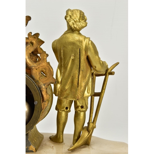 238 - A LATE 19TH CENTURY GILT METAL AND ALABASTER FIGURAL MANTEL CLOCK, the drum shaped clock surmounted ... 