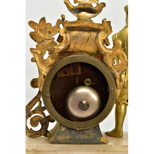 238 - A LATE 19TH CENTURY GILT METAL AND ALABASTER FIGURAL MANTEL CLOCK, the drum shaped clock surmounted ... 