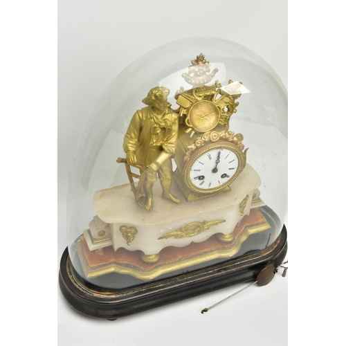 238 - A LATE 19TH CENTURY GILT METAL AND ALABASTER FIGURAL MANTEL CLOCK, the drum shaped clock surmounted ... 