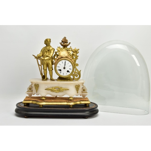 238 - A LATE 19TH CENTURY GILT METAL AND ALABASTER FIGURAL MANTEL CLOCK, the drum shaped clock surmounted ... 